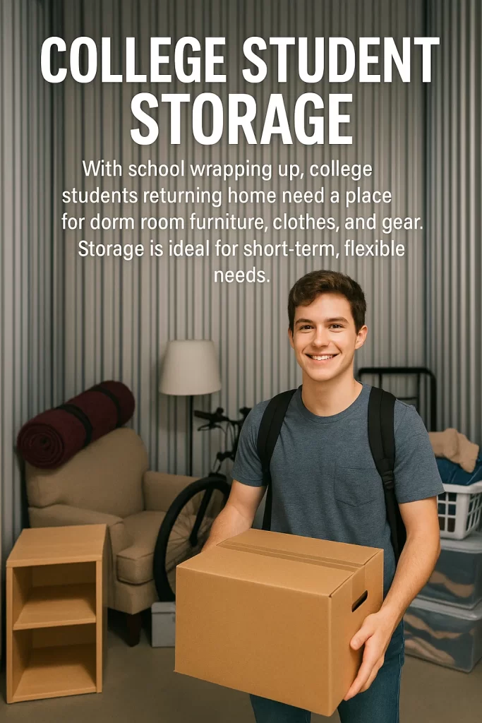 With school wrapping up, college students returning home need a place for dorm room furniture, clothes, and gear. Storage is ideal for short-term, flexible needs.