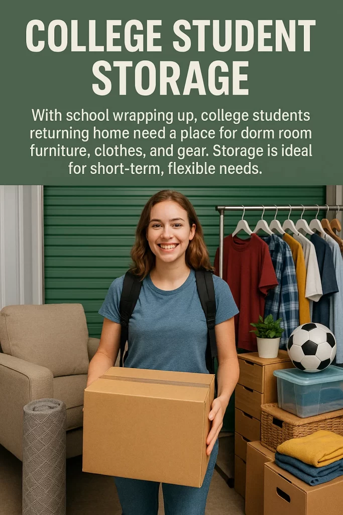 With school wrapping up, college students returning home need a place for dorm room furniture, clothes, and gear. Storage is ideal for short-term, flexible needs.